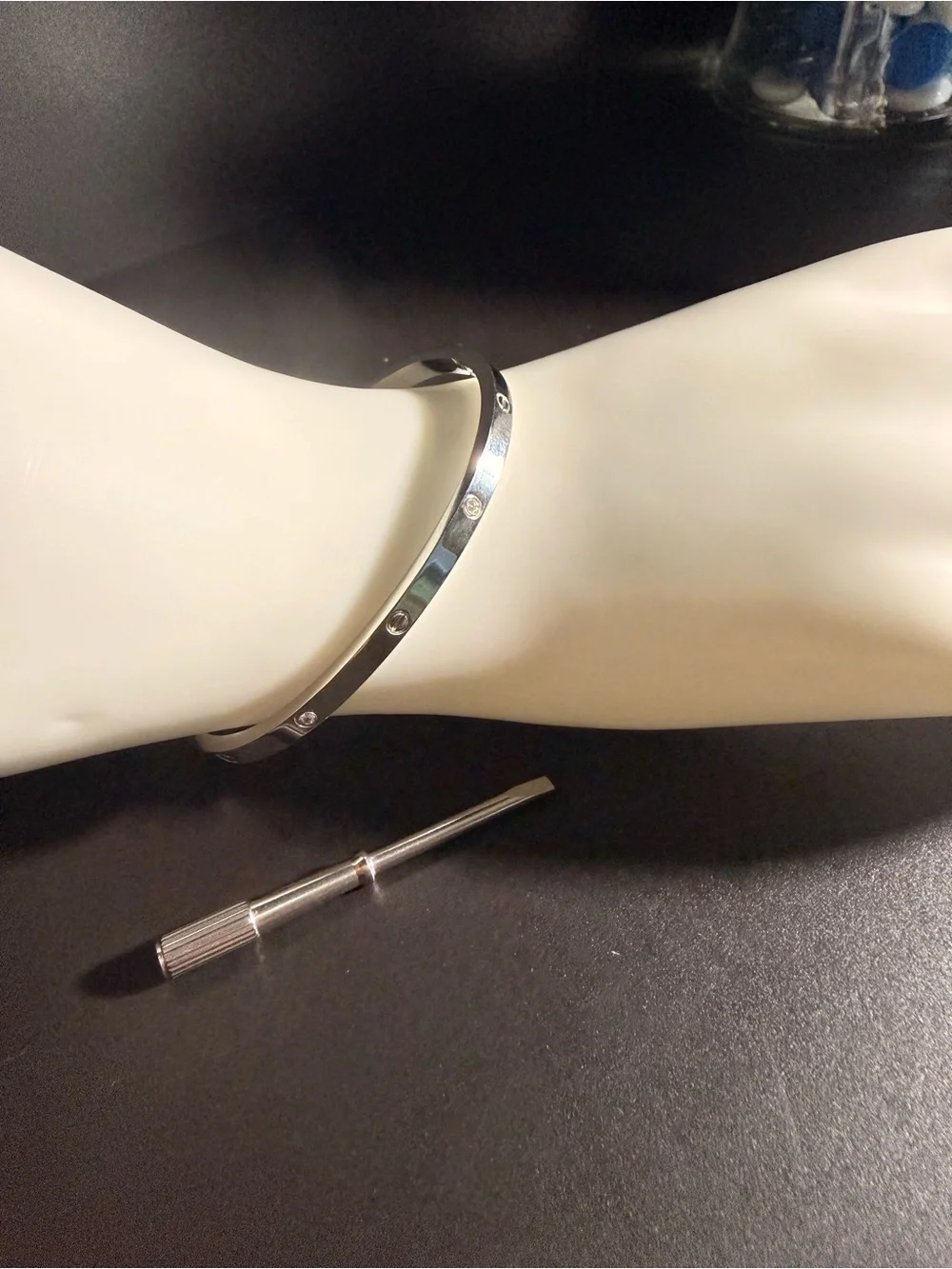 Silver Screw Motif Bangle Bracelet w/ crystal accents